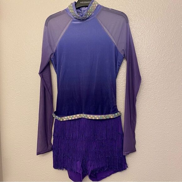 WEISSMAN Dance Costume purple fringe velvet mesh sleeve All The Ways 13290 MA - Picture 2 of 13